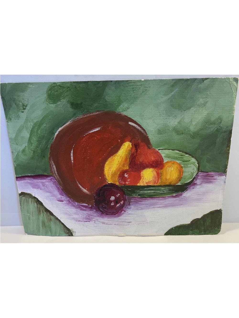 Hand-Painted Fruit Still Life in Green and Red Tones
